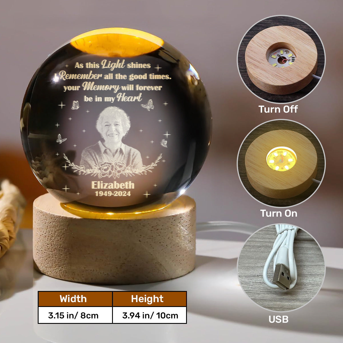 Your Memory Will Forever Be In My Heart - Personalized Crystal Ball Night Light