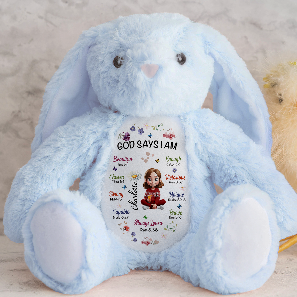 Kid Birth Flower God Says I Am - Personalized Stuffed Bunny