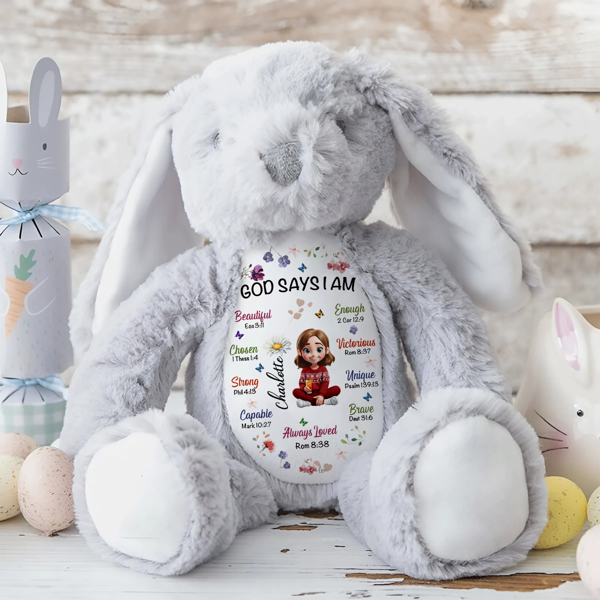 Kid Birth Flower God Says I Am - Personalized Stuffed Bunny