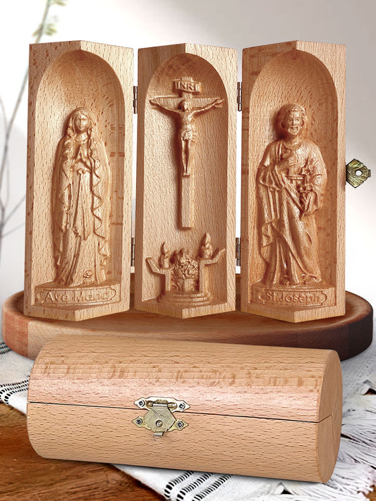 The Holy Family - Openable Wooden Cylinder Sculpture