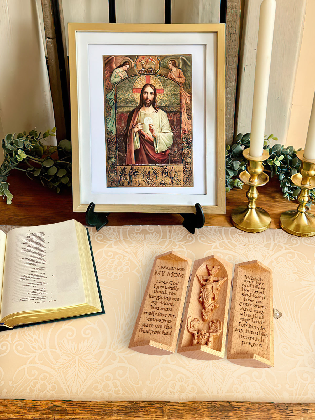 A Prayer For My Family - Openable Wooden Cylinder Sculpture of Jesus Christ