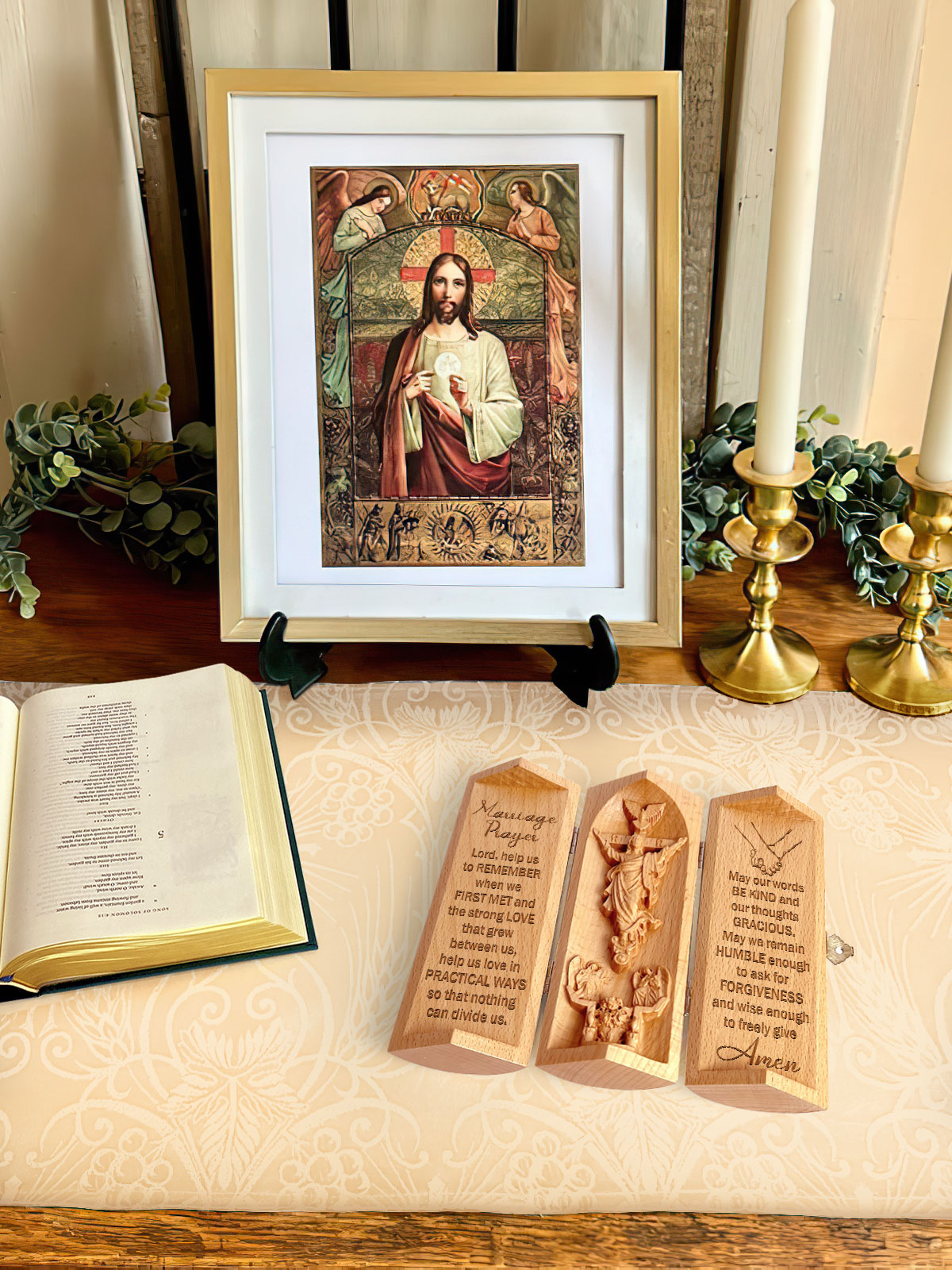 The Marriage Prayer - Openable Wooden Cylinder Sculpture of Jesus Christ